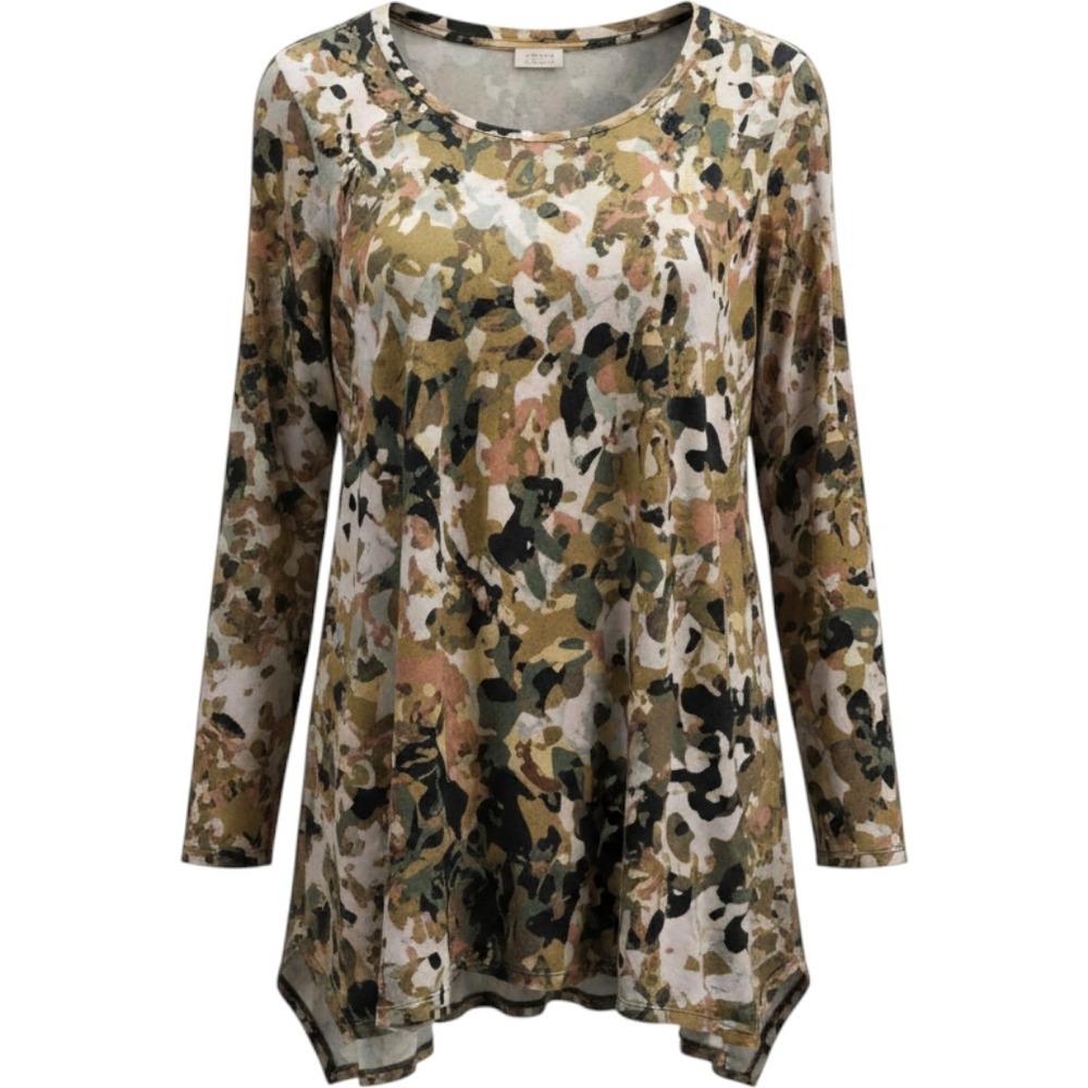 LOGO Lori Goldstein Abstract Camo Sharkbite Hem Tunic Top Olive Tan A282803 L
